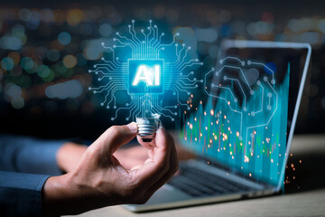 ChatGPT Chat with AI or Artificial Intelligence. Young businessman chatting with a smart AI or artificial intelligence using an artificial intelligence chatbot developed by OpenAI.