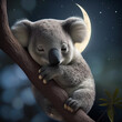 Koala sleeps on a tree in the evening moonlight AI generated content
