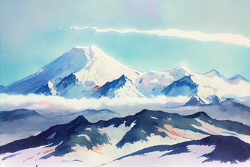 A mountain range with snow-capped peaks, set against a clear blue sky, ai illustration