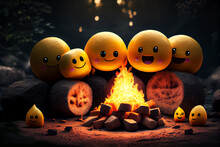 Yellow Emoticons Emoji Are Resting In Nature By The Fire Illustration Generative AI