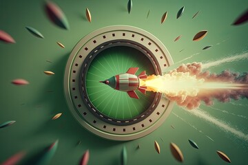 Wall Mural - Rocket flying towards round target, green background, startup concept, Generative AI
