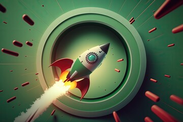 Wall Mural - Rocket flying towards round target, green background, startup concept, Generative AI
