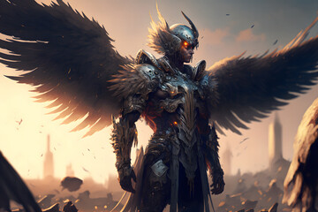 Battle archangel warrior in armor. Big wings on his back, Angel of revenge on battlefield. Messenger of God