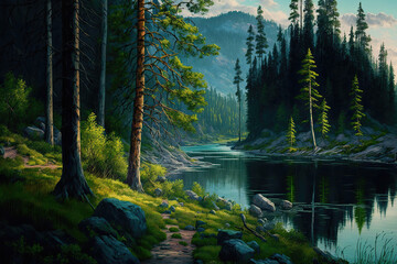 Aufkleber - River and a lake in the forest, an amazing landscape of spruce, pine and birch. wooded area by the river