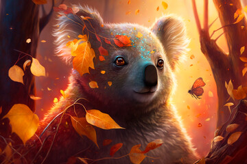 Wall Mural - Koala in autumn between colorful leaves in the foliage AI generated Content