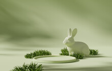 3D Display Podium Pastel Green Background, Easter Bunny On Natural Green Grass. Rabbit Ears. Nature Minimal Pedestal. Beauty, Cosmetic Product Presentation. Spring Banner. 3d Render Mockup. 