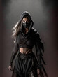 © touchedbylight - Portrait of a woman in a hood. Beautiful ninja female a samurai master is dressed in black with a mask on.  Image created with generative ai
