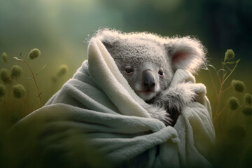 Wall Mural - Koala snuggles up in a blanket in a meadow AI generated content