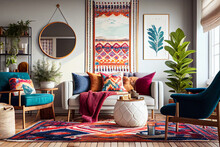 Interior Design Of A Bohemian Living Room With A Big Blank Poster Frame, Comfortable Sofa, Colorful Pillows And Colorful Persian Rug | Generative Ai | Indoor Décor | Modern And Luxurious Living Room
