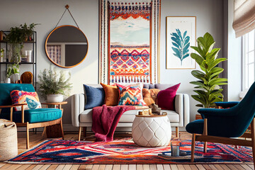 interior design of a bohemian living room with a big blank poster frame, comfortable sofa, colorful 