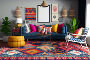 Wall Mural - Interior design of a bohemian living room with a big blank poster frame, comfortable sofa, colorful pillows and colorful Persian rug | Generative Ai | Indoor décor | Modern and luxurious Living room