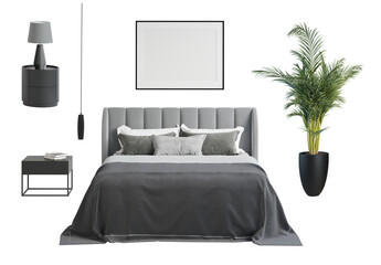 a set of isolated bedroom furniture 6. front view. modern bed with pillows and dark gray bedspread, 