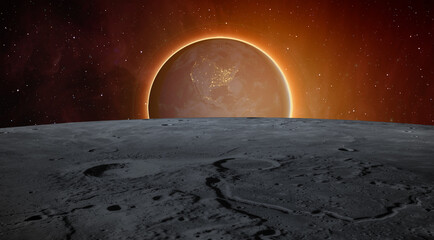 Wall Mural - Spectacular lunar eclipse and view from the lunar (Moon) surface and   night view of America continent