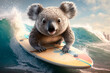 Koala is having fun on a surfboard and surfing a wave AI generated content