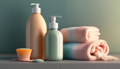 Liquid soap bottle with towels mockup. Indoor background. AI generative image.