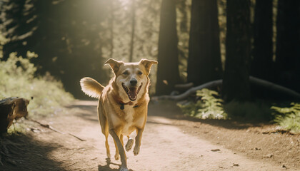 Portrait of happy dog full of joy and energy running towards camera. Park outdoor background. AI generative image.