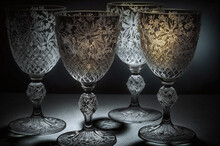 Crystal Goblets With Lacy Etchings On Table Plate
