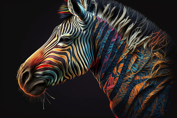 Zebra Porträt mit bunten Farben und Naturmaterialien, generative AI