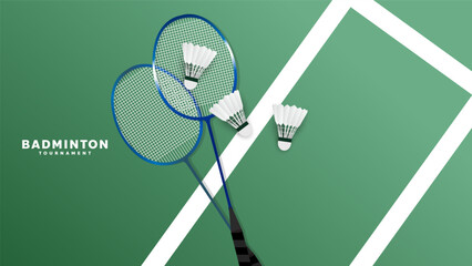 Wall Mural - Badminton racket with white badminton shuttlecock on white line on background ,Illustrations for use in online  badminton sporting events  ,  illustration Vector EPS 10