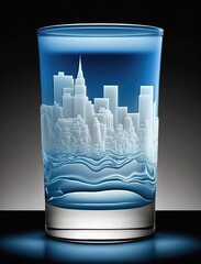 Wall Mural - Got water? AI-generated illustration of a glass of water, with a city skyline etched into the glass. MidJourney.