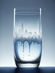 Wall Mural - Got water? AI-generated illustration of a glass of water, with a city skyline etched into the glass. MidJourney.