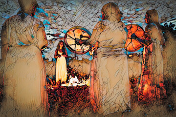 Wall Mural - Women at the night ceremony. Ceremony space. Painting effect.