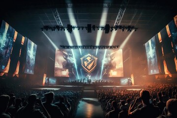 massive esports arena filled to capacity with cheering fans as two teams of professional gamers compete on the main stage for a million-dollar prize pool, illustration, Ai Generative