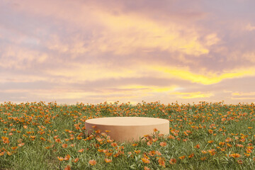 Wall Mural - Abstact 3d render spring scene and Natural podium background, Stone podium on the yellow flowers and grass field, backdrop sunset sky and clouds for product display advertising, cosmetic or etc