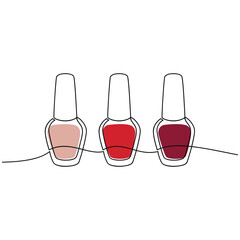 Nail polish bottles set vector one line continuous drawing illustration. Hand drawn linear silhouette icon. Minimal design, make up print, cosmetic banner, card, poster, brochure, beauty logo