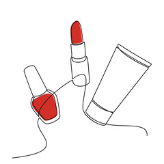 Nail polish, red lipstick and cream tube vector one line continuous drawing. Hand drawn linear silhouette icon. Minimal design, make up print, cosmetic banner, card, poster, brochure, beauty logo.