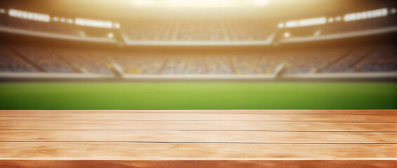 Wall Mural - Empty wooden table top product display showcase stage with large sports stadium background. Generative ai