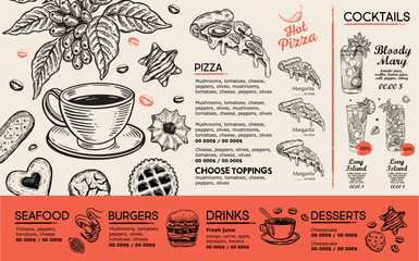 Menu, Restaurant cafe, template design. Food flyer.