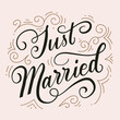 Elegance vintage lettering illustration. Slogan of Just married. Design for wedding sign, invitation, sticker, square poster, graphic tee print, card. Nostalgia for 1950s -1960s.