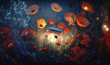 A Serene And Mystical Moment Captured In Art, With Fireflies Perched On Wild Poppies Amidst A Misty Ambiance, Heightened By The Shimmering Moonlight
