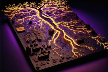 Wall Mural - Motherboard in neon light with lightning bolts AI