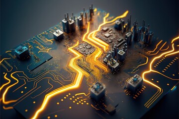 Wall Mural - Motherboard in neon light with lightning bolts AI