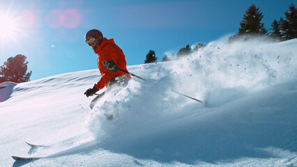 Freeride skier riding in the scenic mountains with blue sky