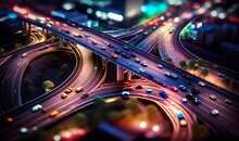 The Top View Of The Expressway Offers A Stunning Perspective On The Bustling Road Traffic Below, A Hypnotic Dance Of Lights And Motion That Captures The Rhythm Of The City