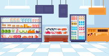 Supermarket Shelf With Food Market Store Grocery Shop Empty Interior Concept. Vector Graphic Design Illustration