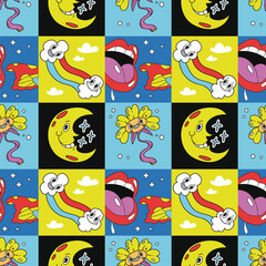 Sticker - Psychedelic cartoon magic retro groovy seamless pattern abstract concept. Vector cartoon graphic design element illustration