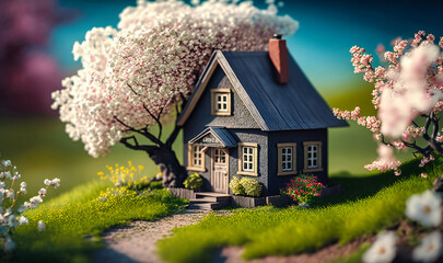 Whimsical spring scenery with miniature toy house and blooming cherry blossoms creating a charming natural backdrop