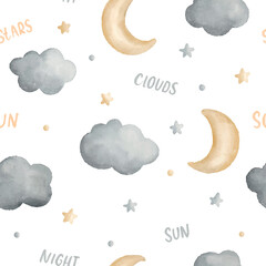 Watercolor seamless newborn baby, kids pattern with moon, cloud and star.