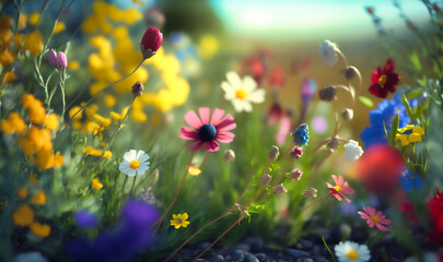 Wall Mural - A field of vibrant wildflowers swaying in the gentle spring breeze
