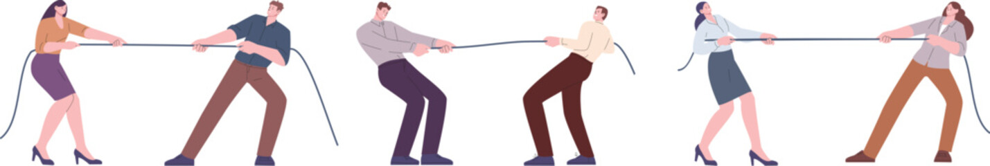Wall Mural - Confrontation metaphor. Man vs man, woman vs woman competition. People pulling rope, office workers arguing, business vector concept