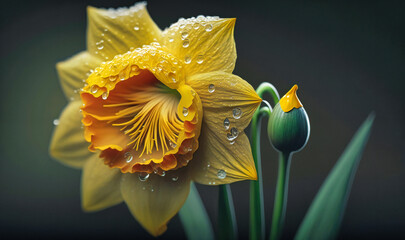 Wall Mural - A bright yellow daffodil with a dew drop on its petal