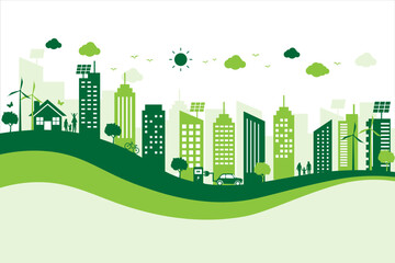 Wall Mural - ecology and environment city scape. save energy the world development. green city building landscape . vector illustration in flat style modern banner design.
