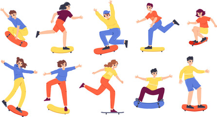 Canvas Print - Teenagers skateboarders characters. Girl boy skateboarding, young person on skateboard. Summer outdoor sport activity, snugly jumping vector people