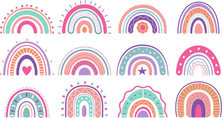 Abstract doodle kids rainbow. Kindergarten rainbows stickers design for walls, nursery decorations. Boho pastel fabric print elements, decent vector clipart