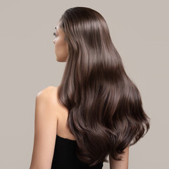 portrait of a beautiful girl with luxurious curly long hair. back view.