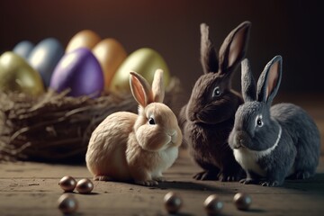 Cute easter bunny with colored eggs. Generative AI.